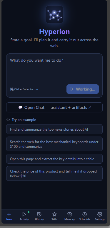The Hyperion side panel: state a goal and it plans and carries it out across the web